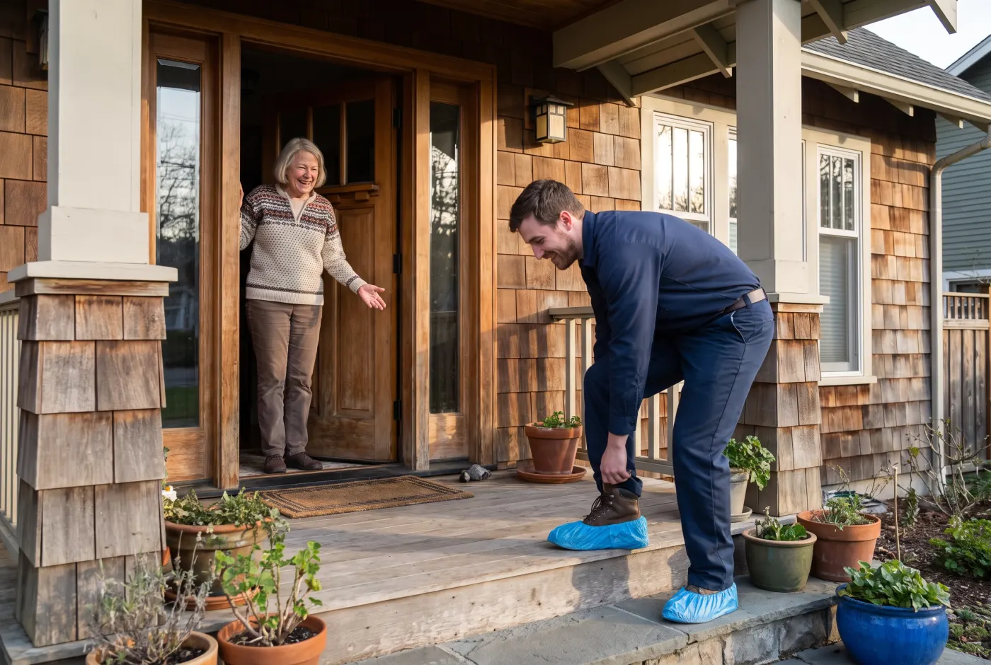 A homeowner welcomes a technician who is putting on shoe covers at her front door.