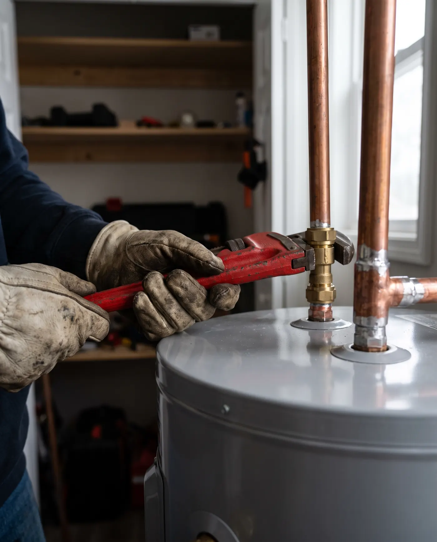 Close-up of a plumber tightening a copper fitting on a new water heater.