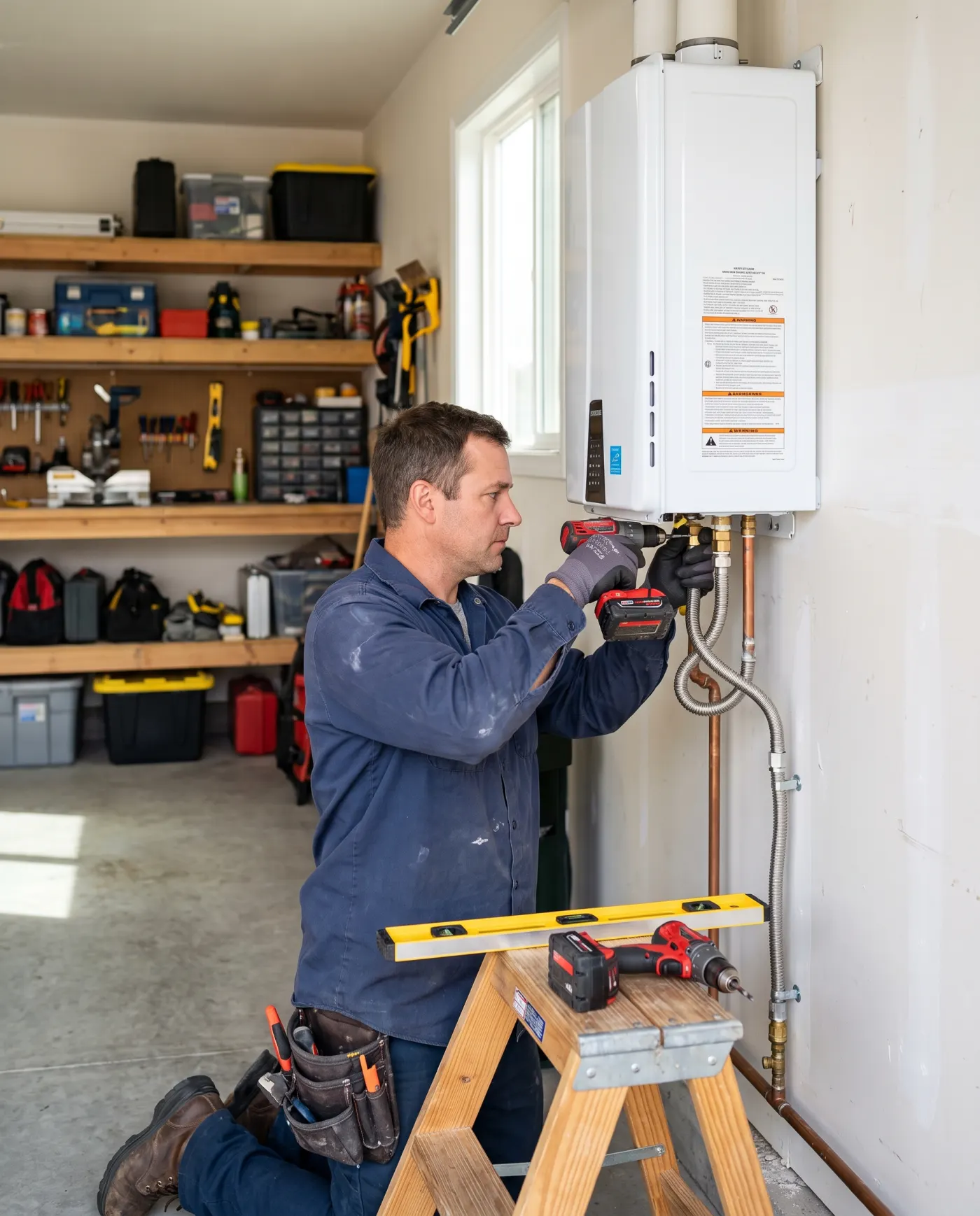 A technician mounts a new tankless water heater on a garage wall.