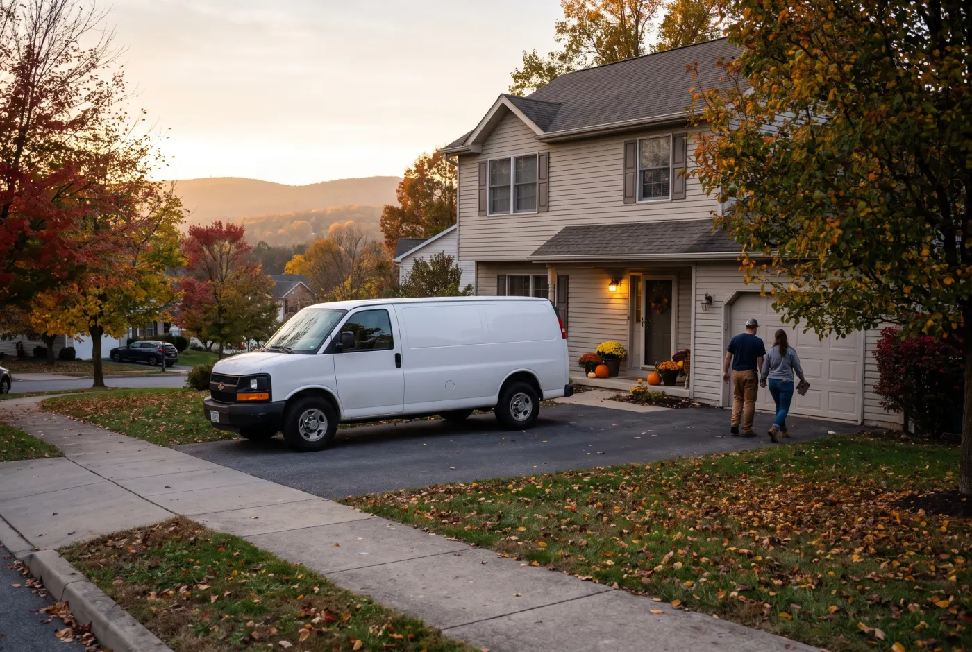 A white Copper Ridge service van parked in a suburban driveway at dusk.