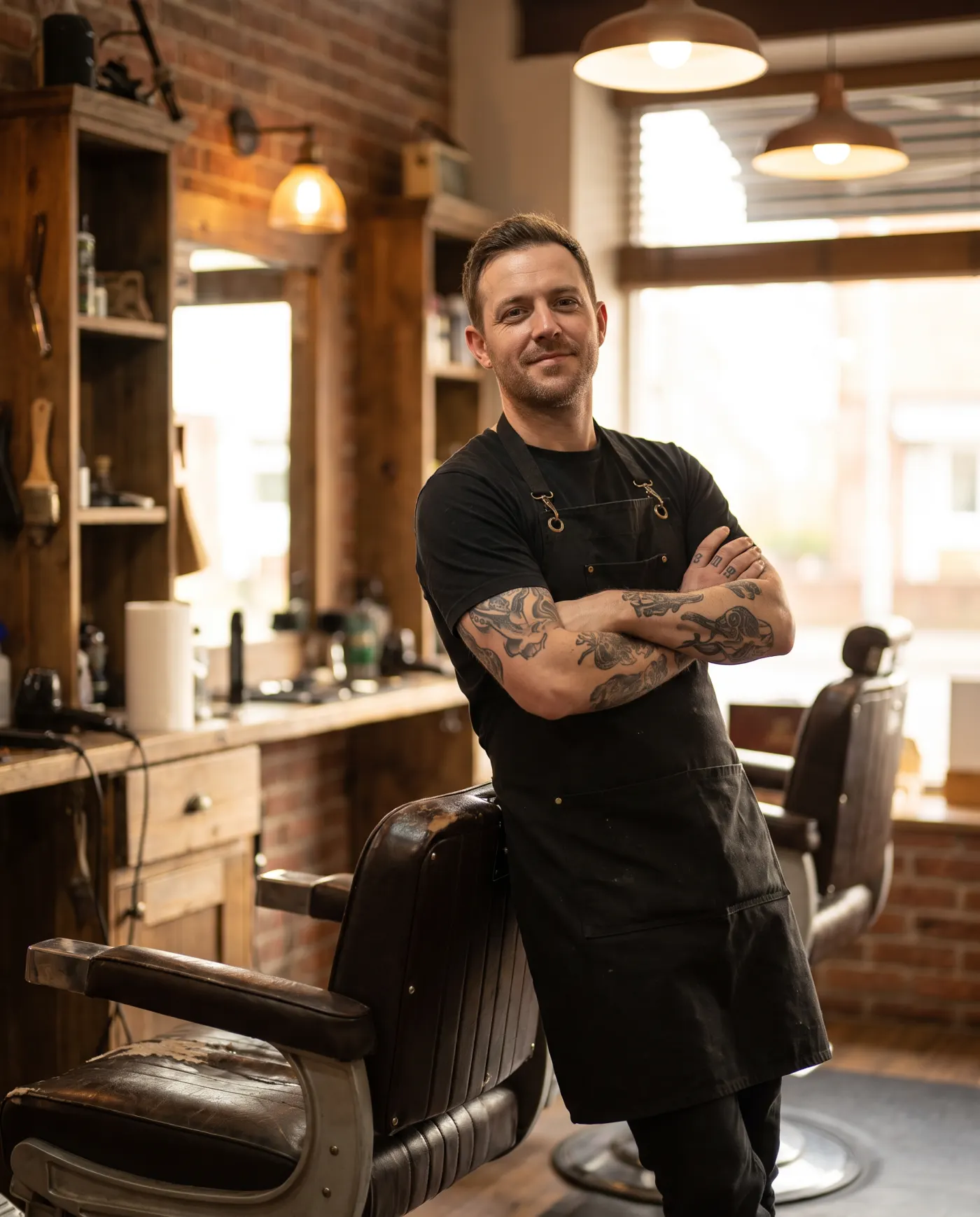 Marcus, tattooed forearms crossed, leans on a vintage barber chair.