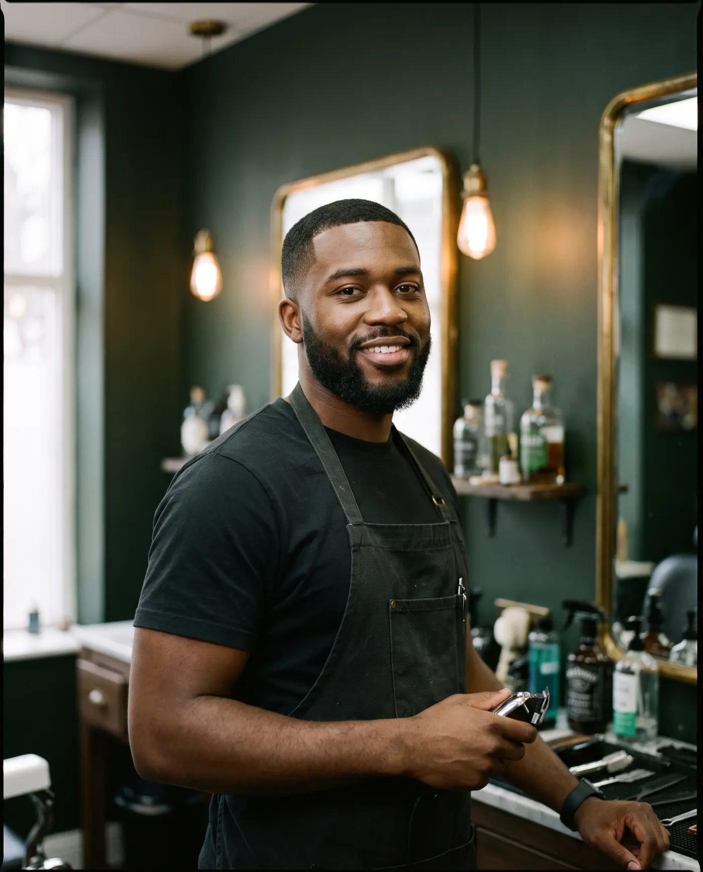 Dre, smiling, holds clippers beside his station.