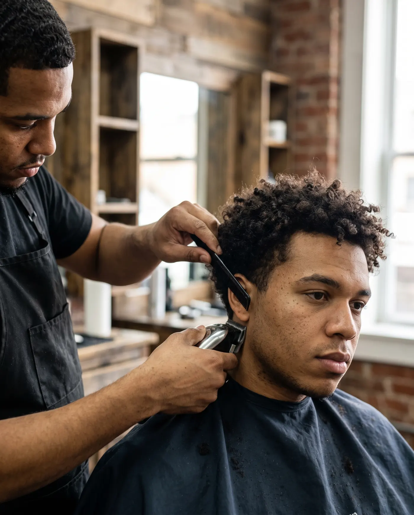 A barber sharpening a skin fade with clippers.