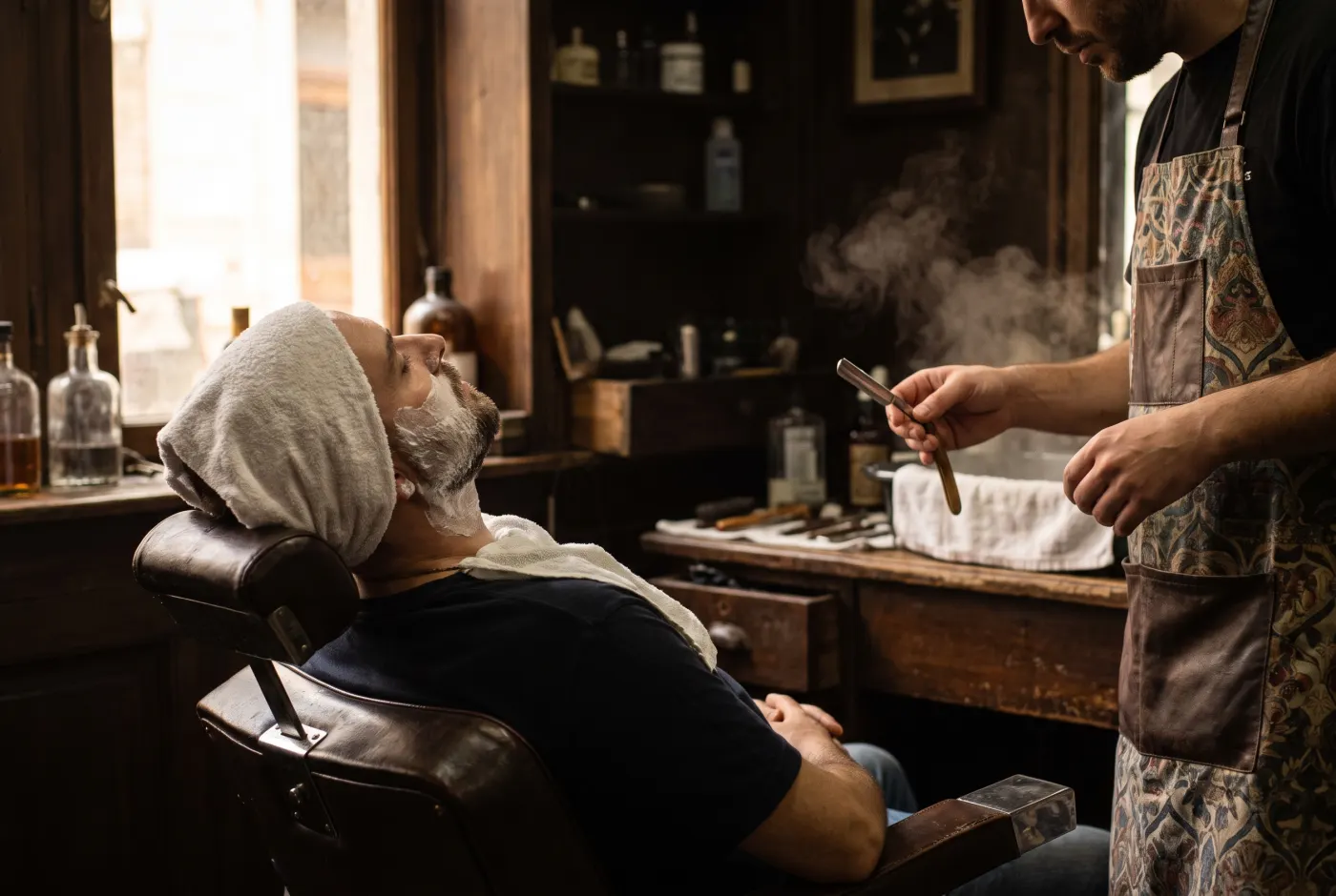 A client reclines under a hot towel while the barber prepares a straight razor.