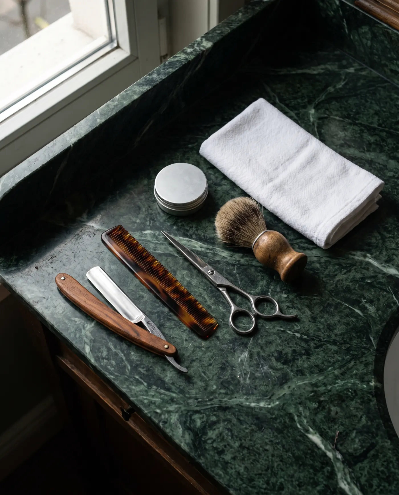 A straight razor, comb, shears, shaving brush and pomade tin on green marble.