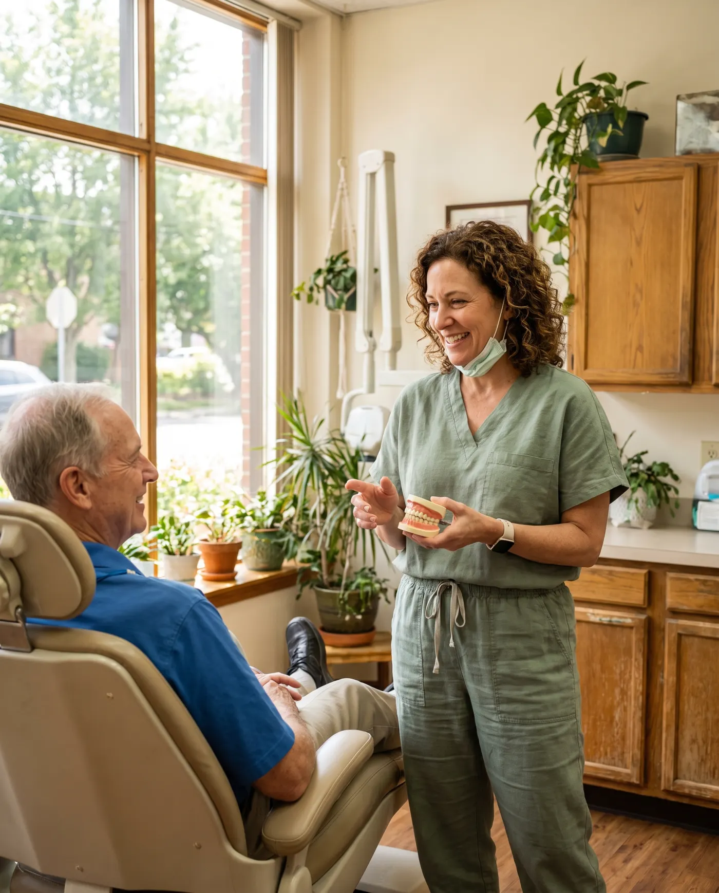 A smiling dentist talks with an older patient in the dental chair.