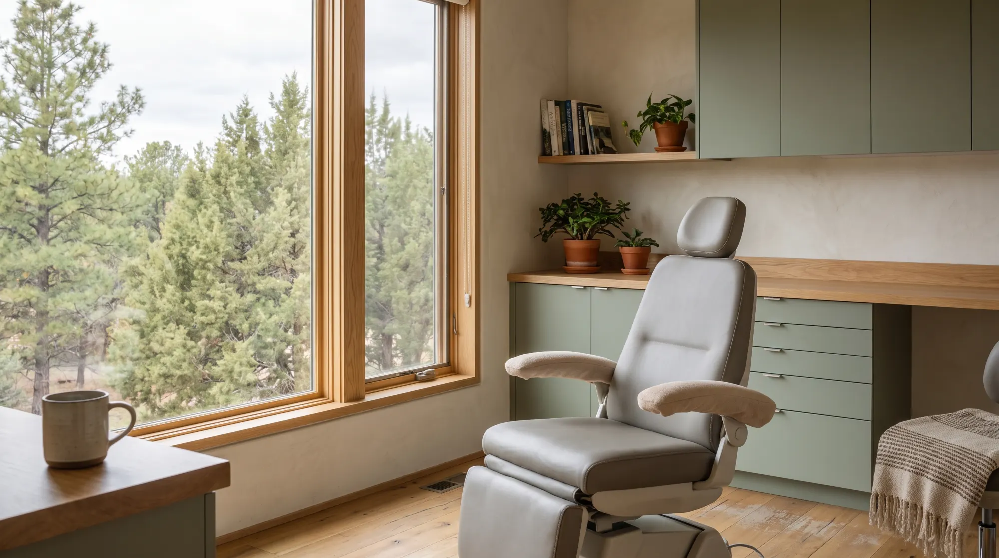 A bright treatment room with sage cabinetry and a large window onto pine trees.