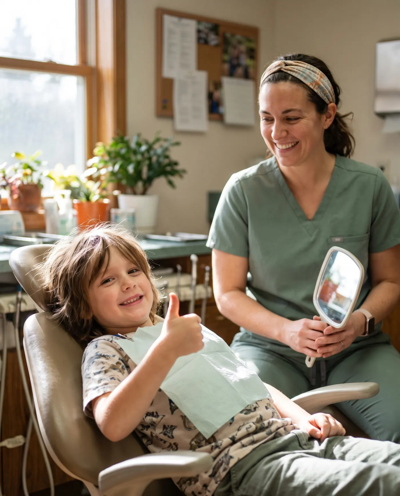 A grinning child gives a thumbs-up from the dental chair next to a hygienist.