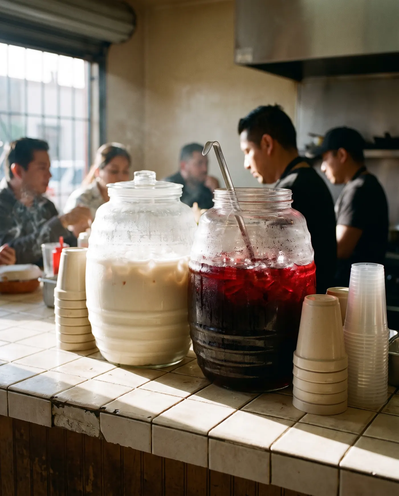 Glass jars of horchata and jamaica on a tiled counter.