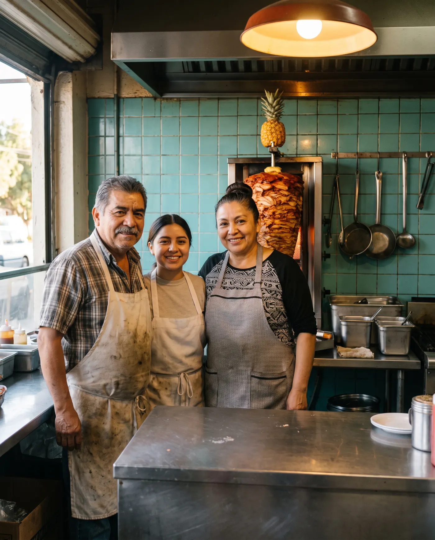 Héctor, Rosa and their daughter Lupe behind the counter, the trompo glowing behind them.