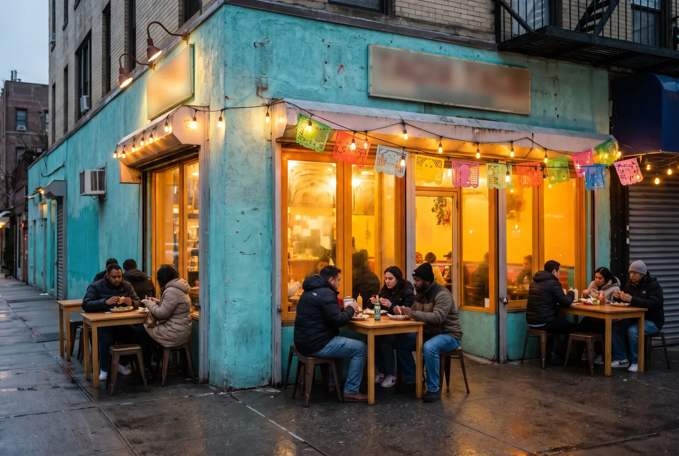 The turquoise corner taquería at dusk, with people eating at sidewalk tables under string lights.