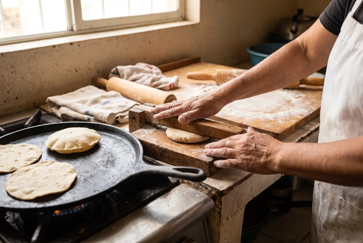 Hands pressing fresh masa into tortillas beside a hot comal.