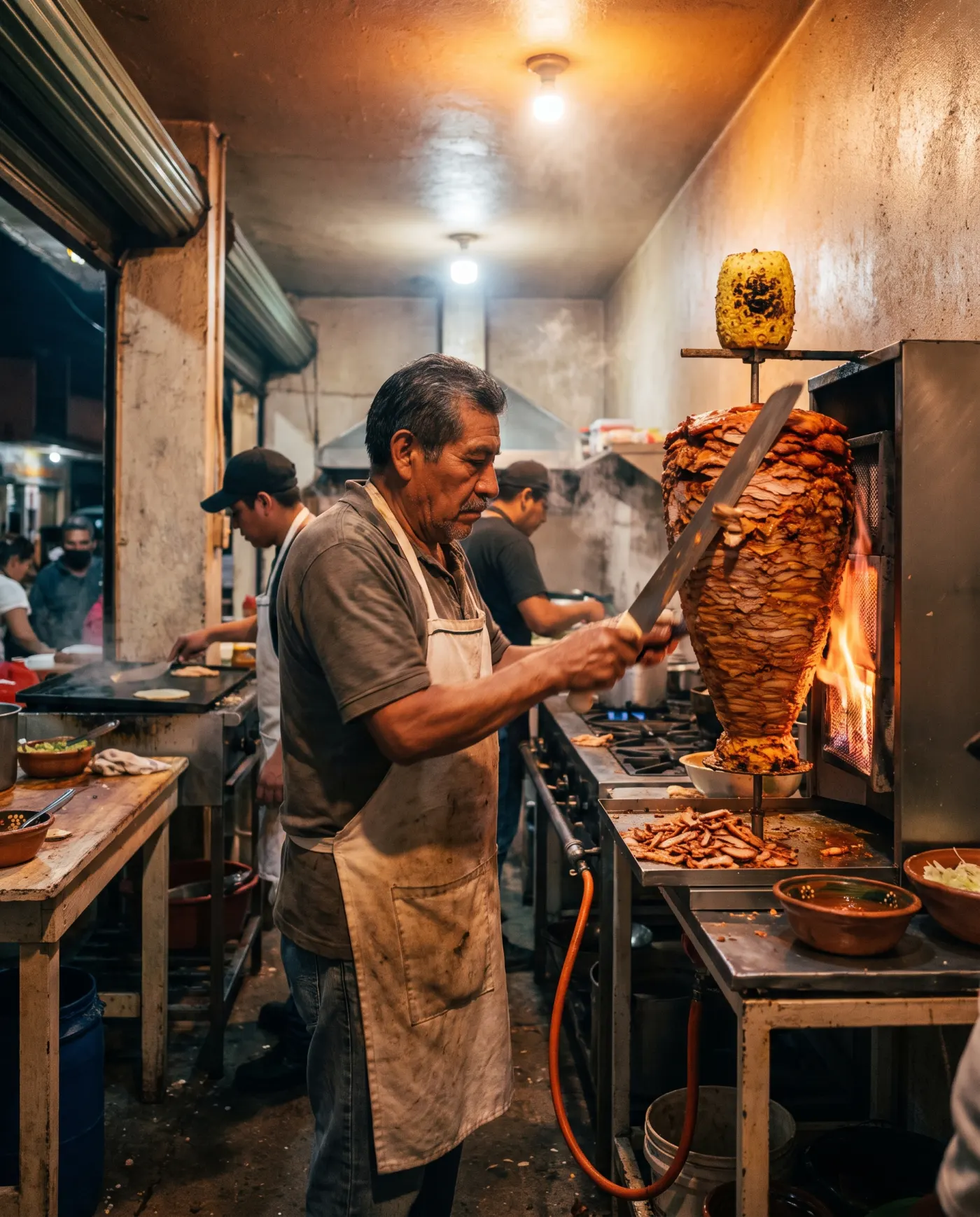 A taquero slicing al pastor from the glowing trompo.