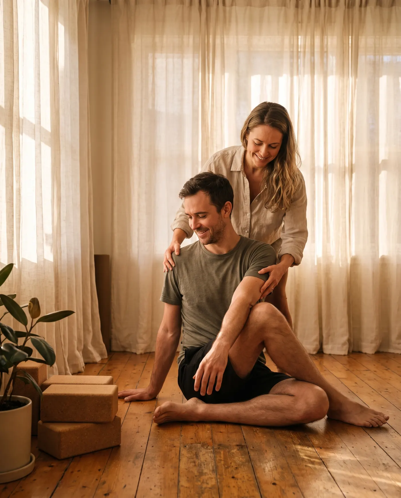 A teacher gently guides a student’s shoulders in a seated twist.