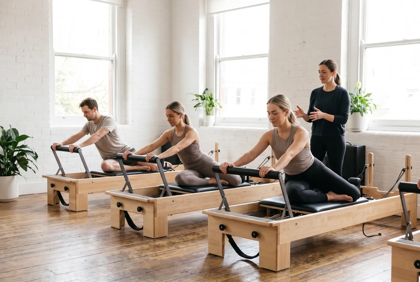 A small reformer Pilates class in a bright studio.
