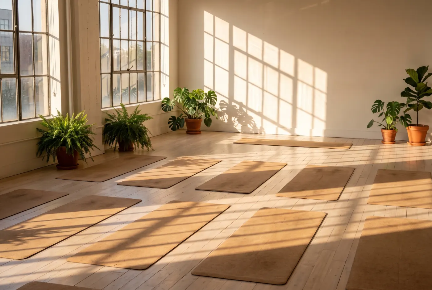 The empty studio at golden hour with mats laid out in rows.