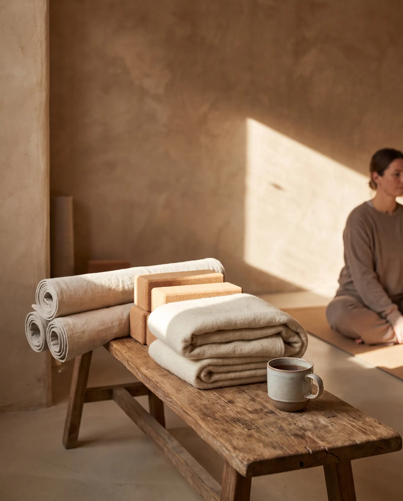 Rolled linen mats, cork blocks, a wool blanket and a cup of tea on a wooden bench.