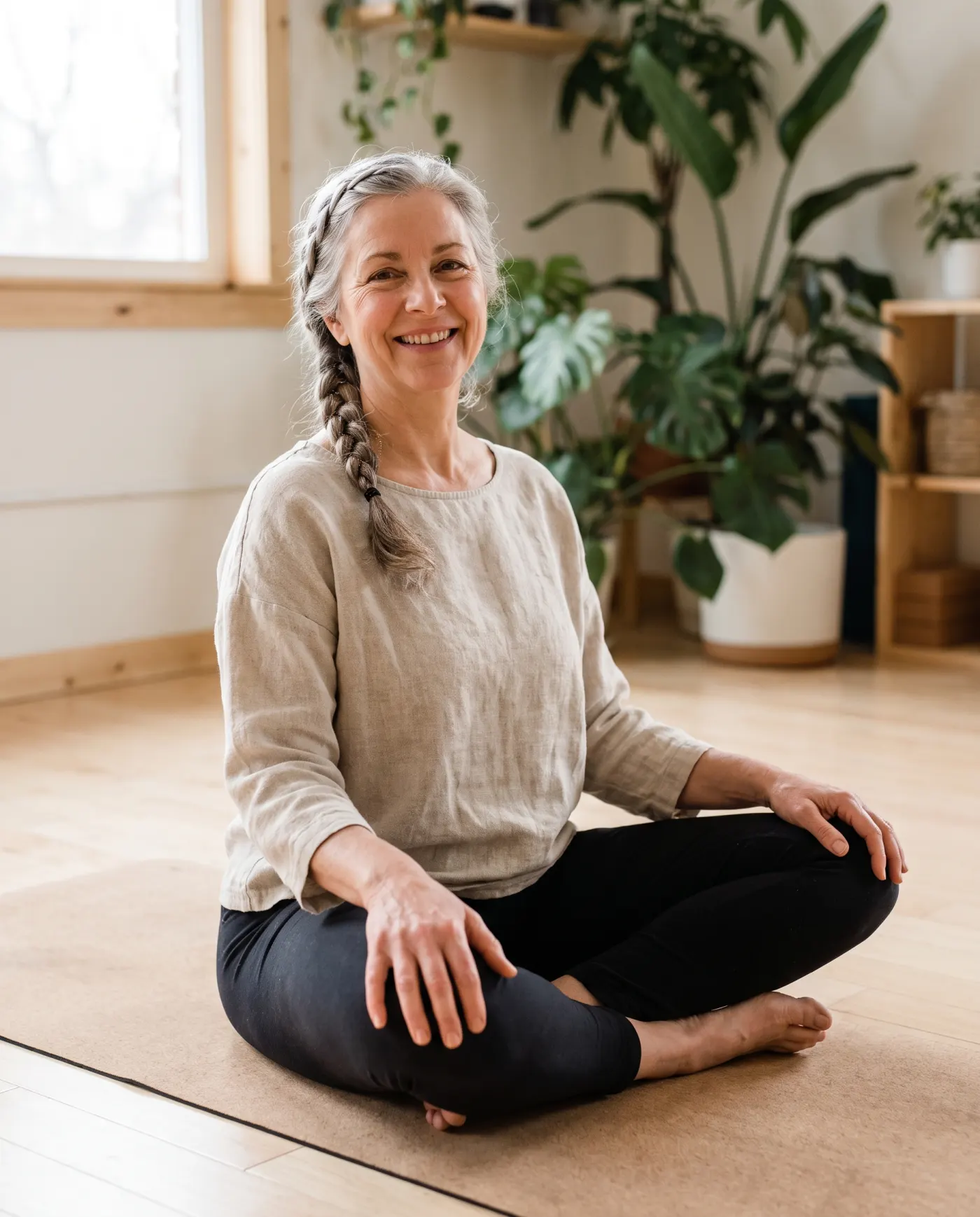 Ruth, a yoga teacher with a silver braid, seated in the studio.