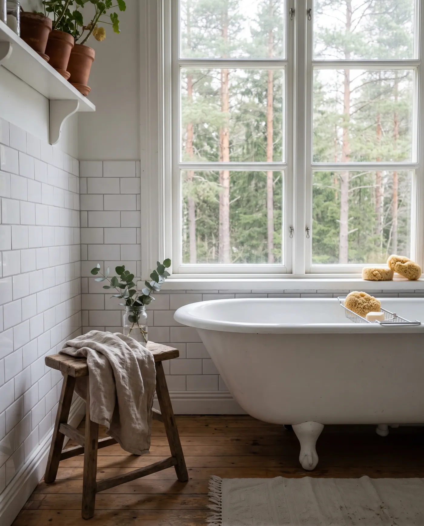 The Columbine Suite bathroom: a claw-foot tub beside a tall window onto the pines.