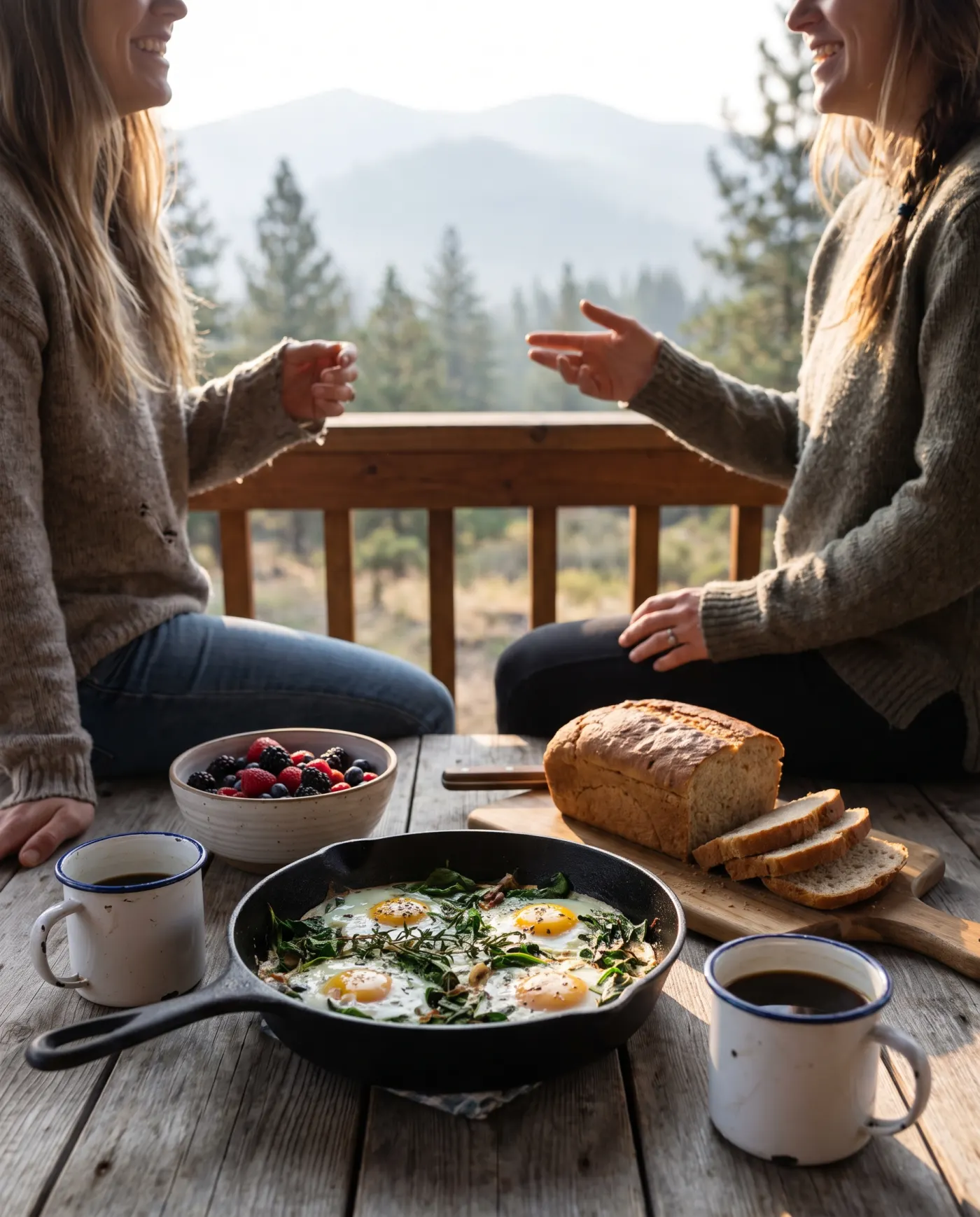 Baked eggs in a cast iron skillet, berries, bread and coffee on the porch table.