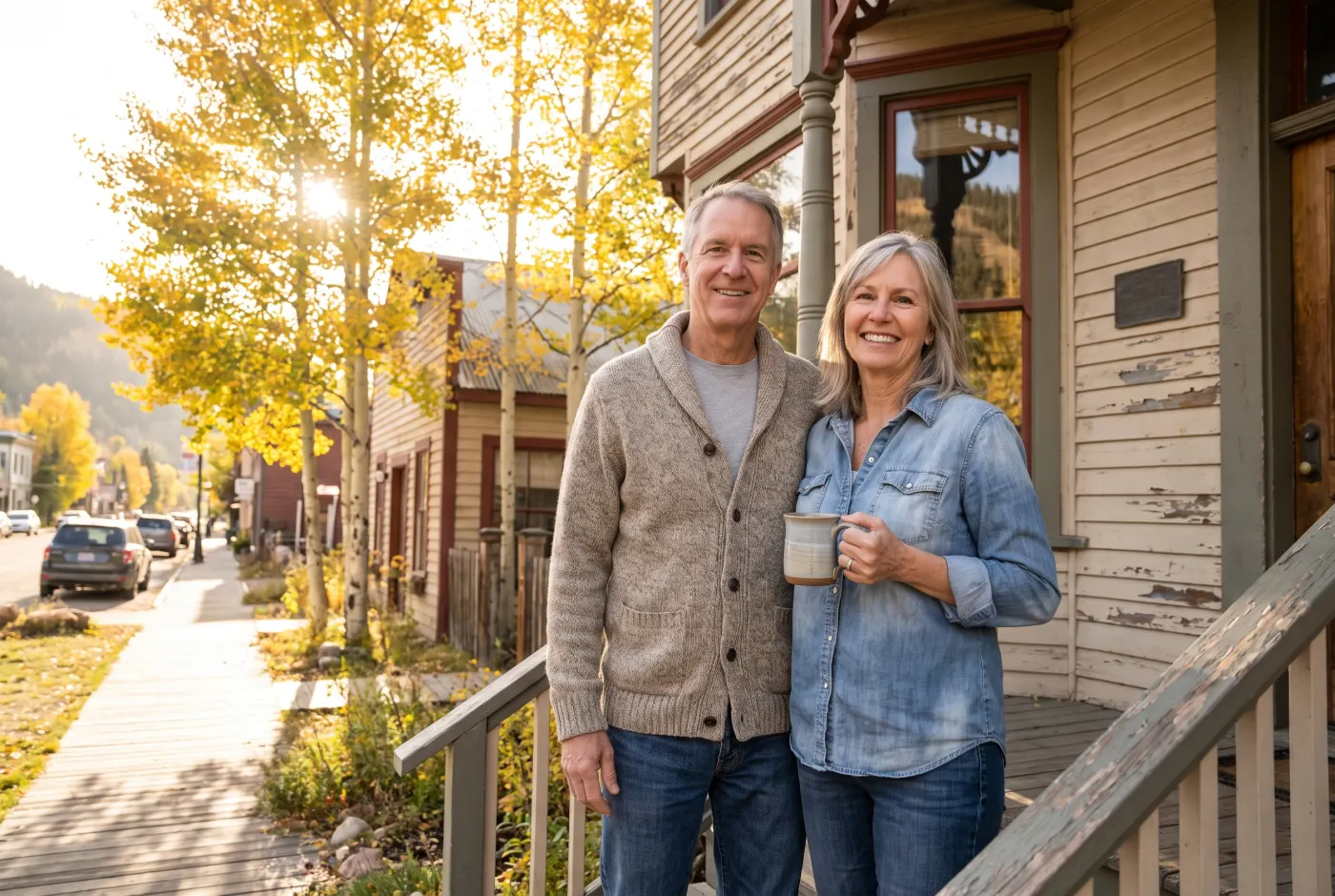 The innkeepers, smiling on the front steps of the inn.