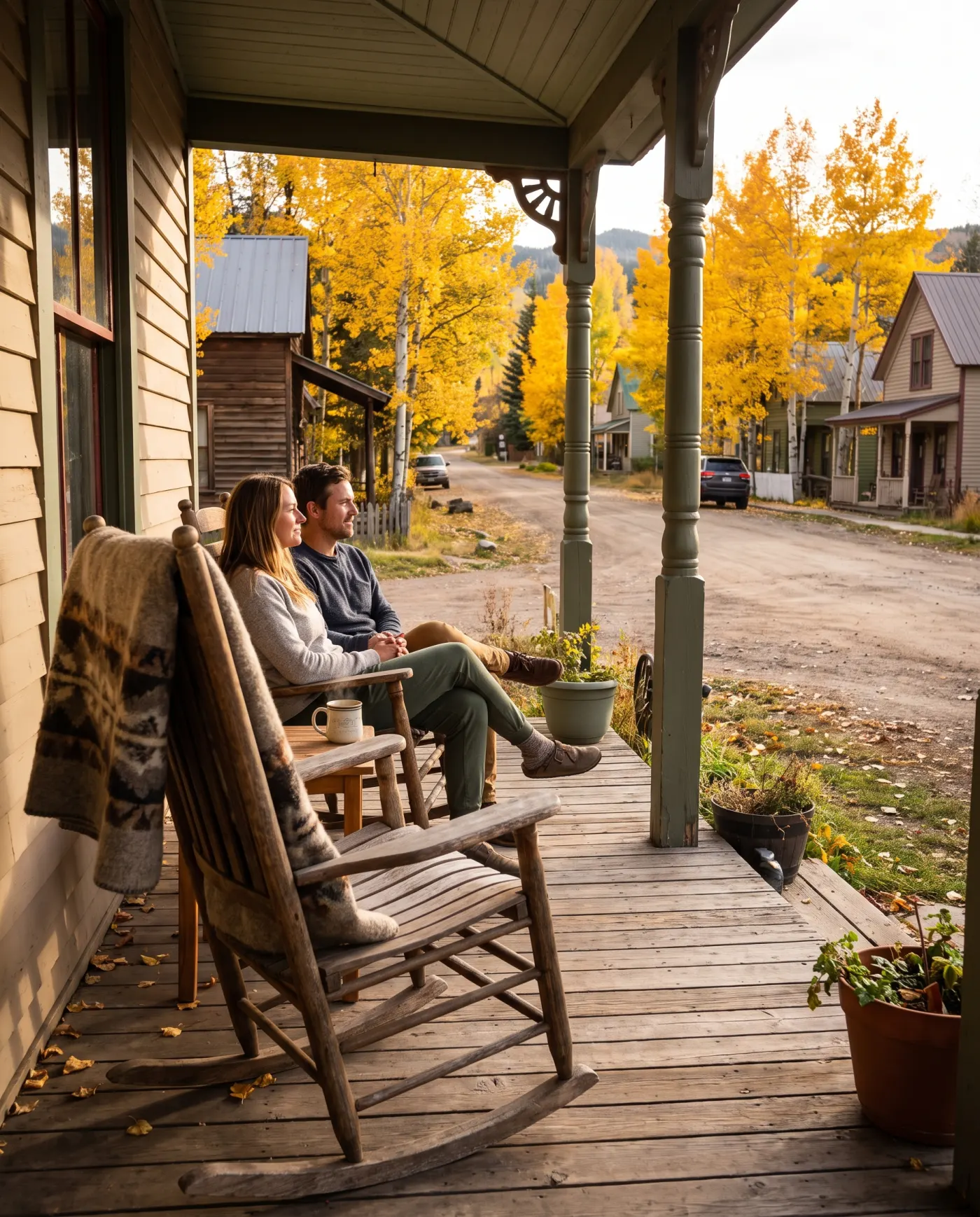 Rocking chairs on the porch looking out at golden aspens on a quiet street.