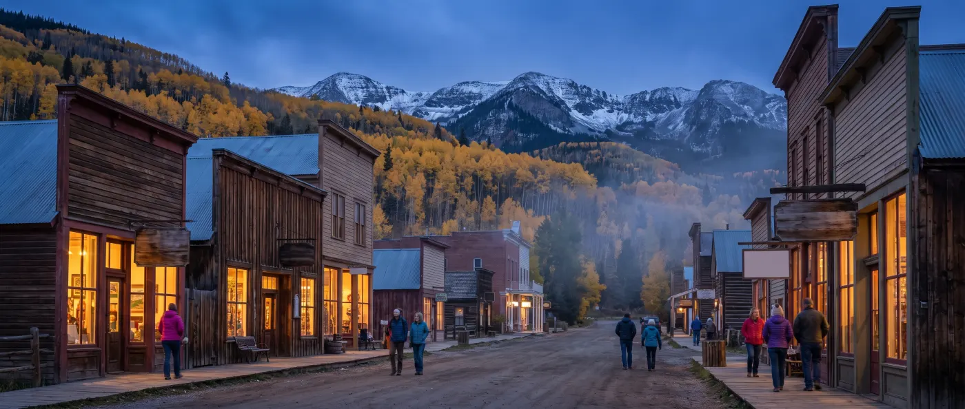 Main Street in Alder Gulch at dusk, storefront windows glowing under the aspens and peaks.